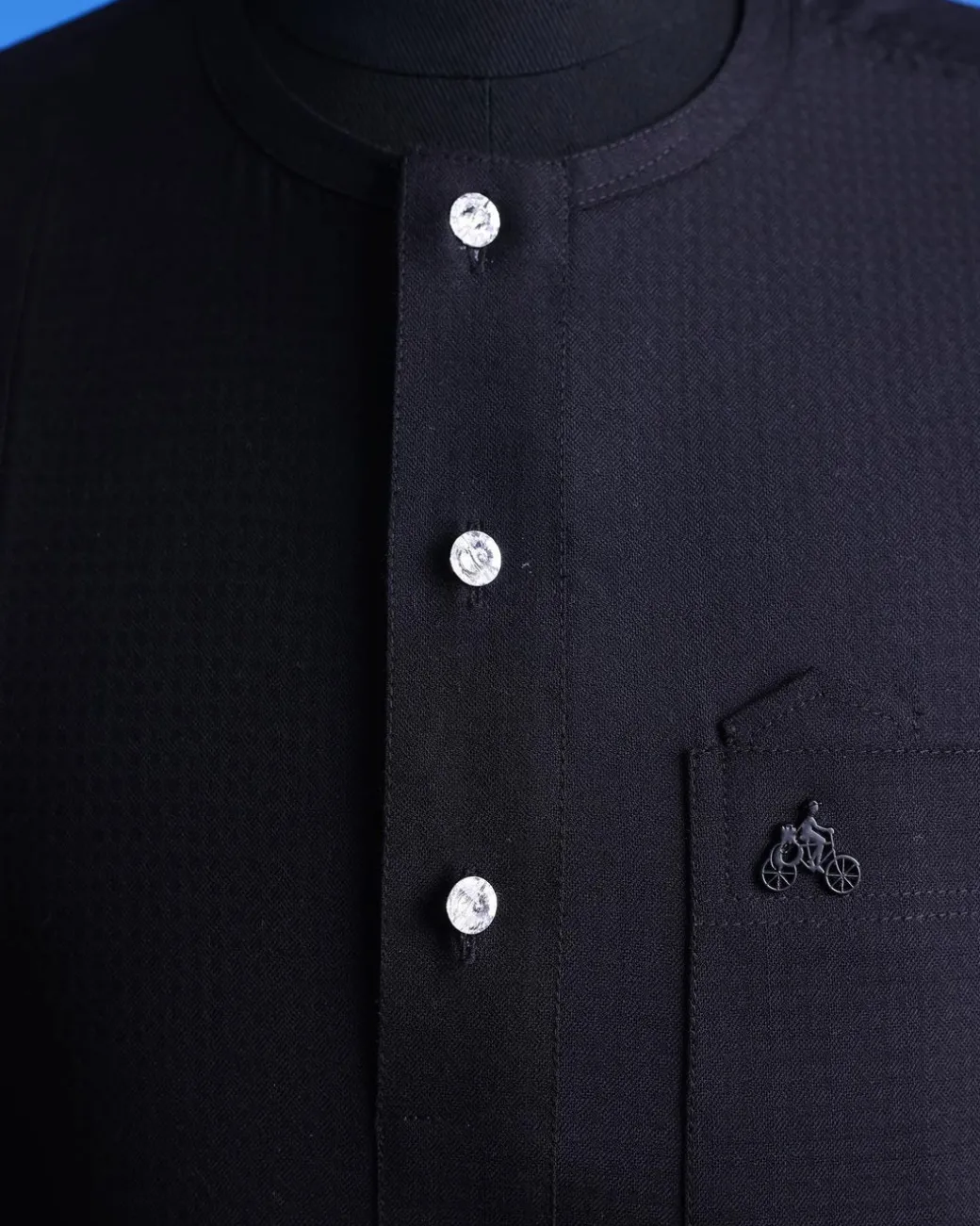 A Jorgecarli, charcoal black, invisible square patterns, front flap with silver Swarovski button African senator kaftan.
