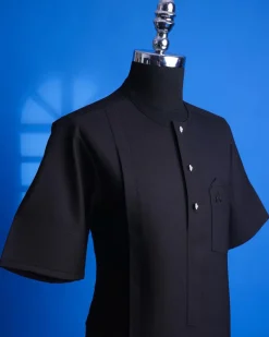 A Jorgecarli, charcoal black, invisible square patterns, front flap with silver Swarovski button African senator kaftan.