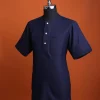A Jorgecarli wool, midnight blue, invisible windowpane check, front flap with silver Swarovski button, shorts sleeve African senator kaftan native.