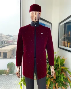 A “Justin” mahogany red soaked Italian velvet Ceremonial suktan with black Swarovski stone detailing