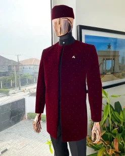 A “Justin” mahogany red soaked Italian velvet Ceremonial suktan with black Swarovski stone detailing