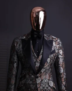 A knitted, brown, silver and black floral jacquard peak lapel suit