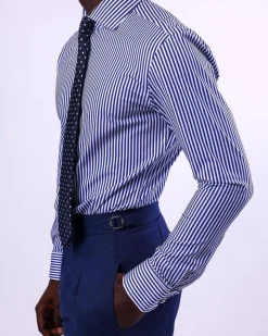 A knitted elastic, white and blue stripe shirt.