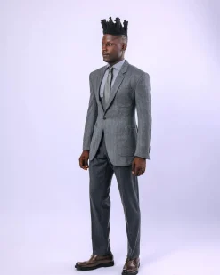 A knitted, Grey, notch lapel, patch pocket business suit