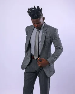 A knitted, Grey, notch lapel, patch pocket business suit