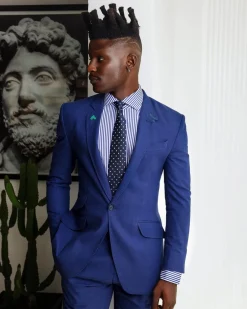 A knitted, Navy blue linen, notch lapel business suit