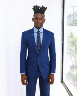 A knitted, Navy blue linen, notch lapel business suit