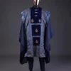 A “krosscut” layered, minted Gold, Skye, navy and admiral blue mix metallic jacquard front cut agbada.