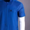 A Lapis Blue, Zipline with connected square and triangle bar-tacking details, short sleeve African senator Kaftan native.