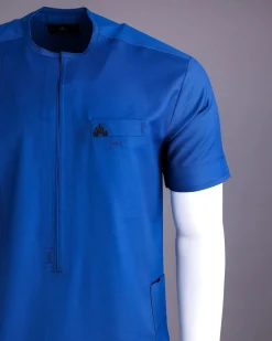 A Lapis Blue, Zipline with connected square and triangle bar-tacking details, short sleeve African senator Kaftan native.