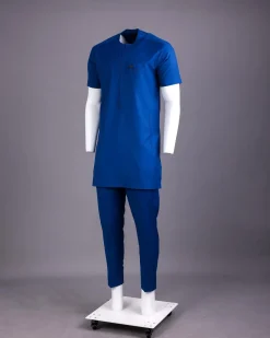 A Lapis Blue, Zipline with connected square and triangle bar-tacking details, short sleeve African senator Kaftan native.
