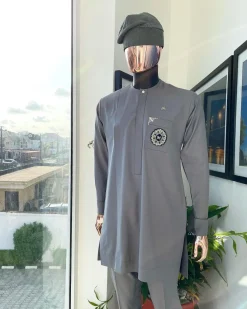 A Lava Grey, front flap, hand beaded patch design and Swarovski button details African traditional senator kaftan native.