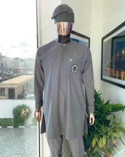 A Lava Grey, front flap, hand beaded patch design and Swarovski button details African traditional senator kaftan native.