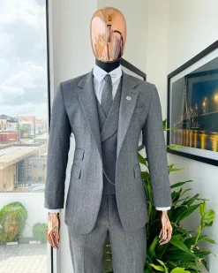 A Lava Grey, herringbone-patterned fabric Jorgecarli Super 140’s “Board Room” notch lapel suit
