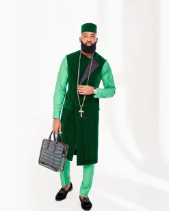 A Lemon Green African Senator Kaftan and a Long Greek Military Jacket