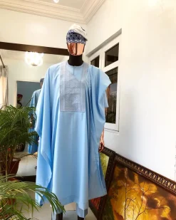 A Light Blue Connected With Embroidery Agbada
