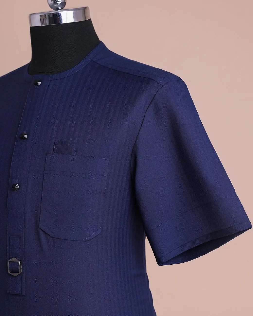 A Light Blue, Invisible Herringbone Stripe, Jorgecarli, Front Flap with Black Swarovski Button, 3/4 Sleeve African Senator Kaftan Native.