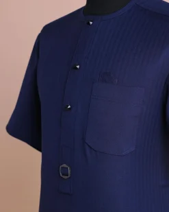 A Light Blue, Invisible Herringbone Stripe, Jorgecarli, Front Flap with Black Swarovski Button, 3/4 Sleeve African Senator Kaftan Native.
