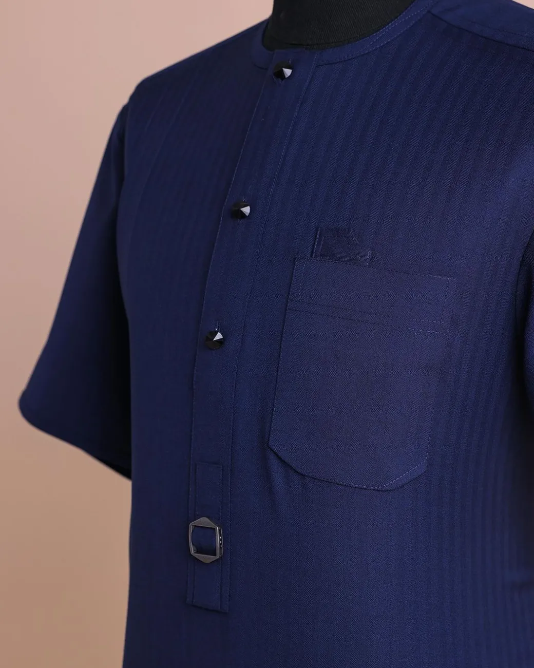 A Light Blue, Invisible Herringbone Stripe, Jorgecarli, Front Flap with Black Swarovski Button, 3/4 Sleeve African Senator Kaftan Native.