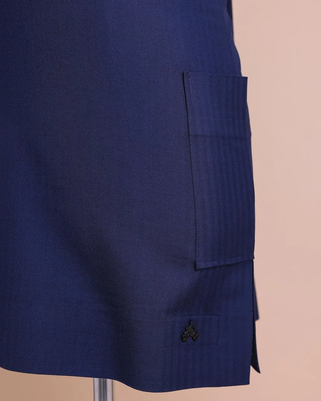 A Light Blue, Invisible Herringbone Stripe, Jorgecarli, Front Flap with Black Swarovski Button, 3/4 Sleeve African Senator Kaftan Native.