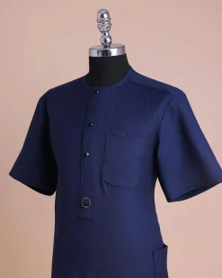 A Light Blue, Invisible Herringbone Stripe, Jorgecarli, Front Flap with Black Swarovski Button, 3/4 Sleeve African Senator Kaftan Native.