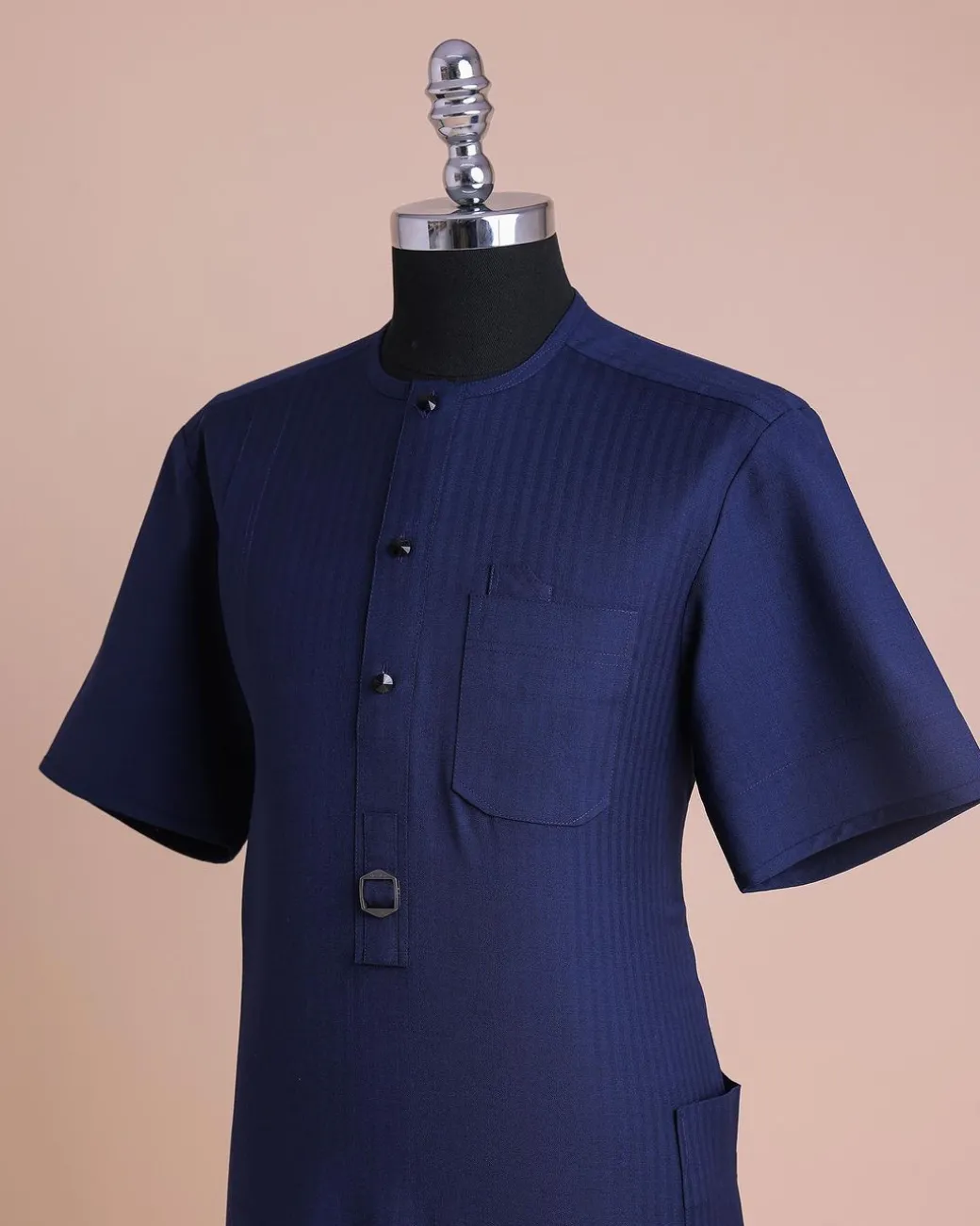 A Light Blue, Invisible Herringbone Stripe, Jorgecarli, Front Flap with Black Swarovski Button, 3/4 Sleeve African Senator Kaftan Native.