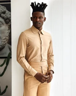 A Light Brown, Club Collar, Elastic Casual Shirt.