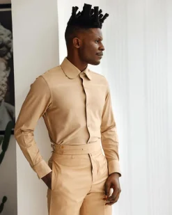 A Light Brown, Club Collar, Elastic Casual Shirt.