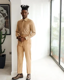 A Light Brown, Club Collar, Elastic Casual Shirt.