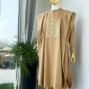 A Light Brown with Zig Zag embroidery design Agbada long sleeve senator kaftan, matching Awolowo style wool hat and sokoto