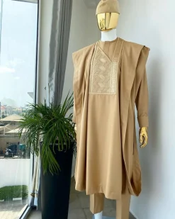 A Light Brown with Zig Zag embroidery design Agbada long sleeve senator kaftan, matching Awolowo style wool hat and sokoto