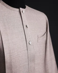 A Light cedar brown, Jorgecarli wool, front flap, layered suit & pen pocket, 3/4 sleeve and clear view silver Swarovski button African senator kaftan native.