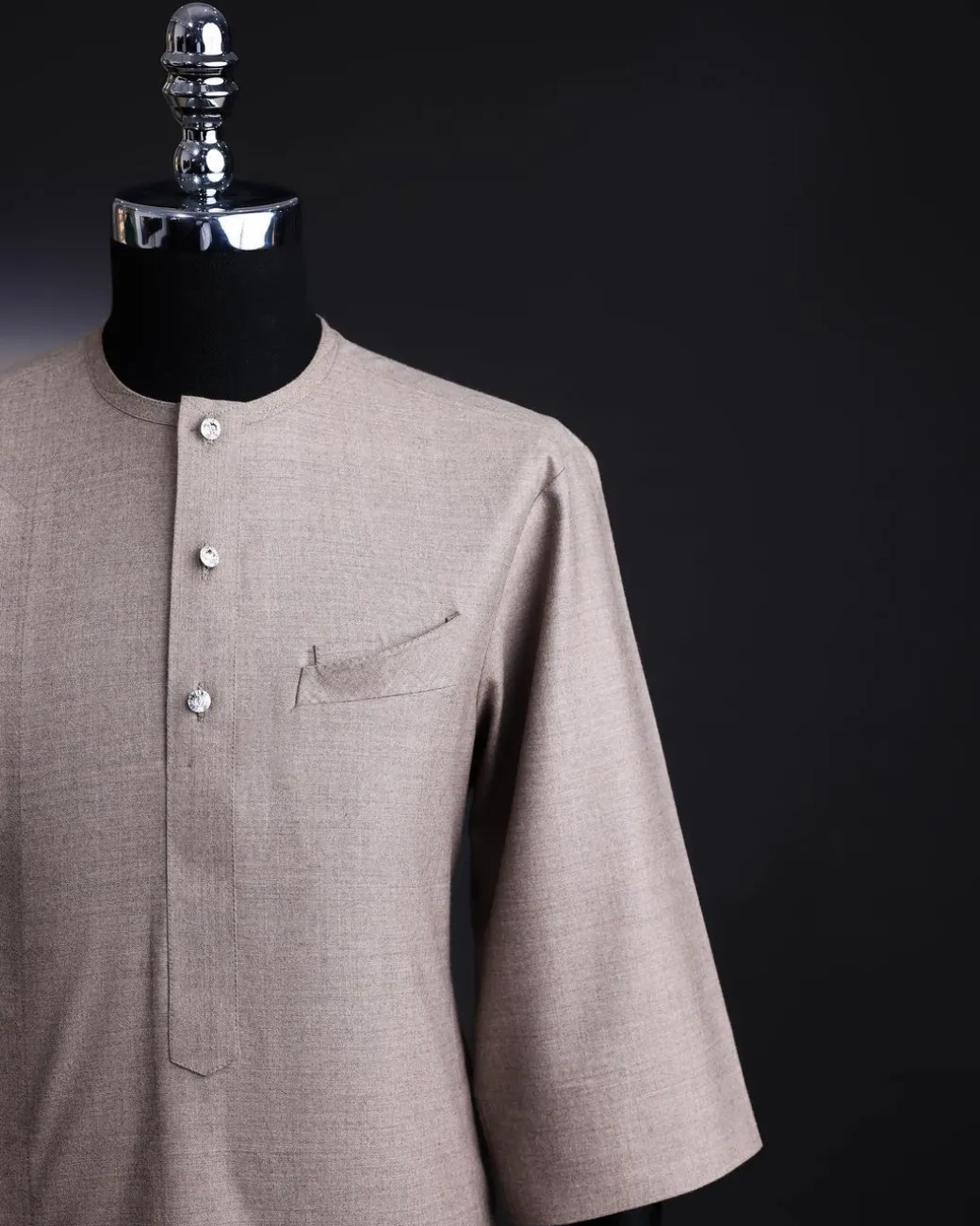 A Light cedar brown, Jorgecarli wool, front flap, layered suit & pen pocket, 3/4 sleeve and clear view silver Swarovski button African senator kaftan native.