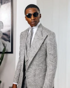 A Light grey & black floral jacquard peak lapel suit.