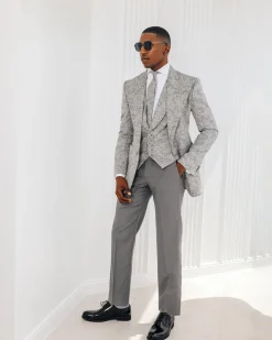 A Light grey & black floral jacquard peak lapel suit.