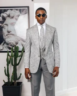 A Light grey & black floral jacquard peak lapel suit.