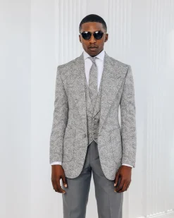 A Light grey & black floral jacquard peak lapel suit.