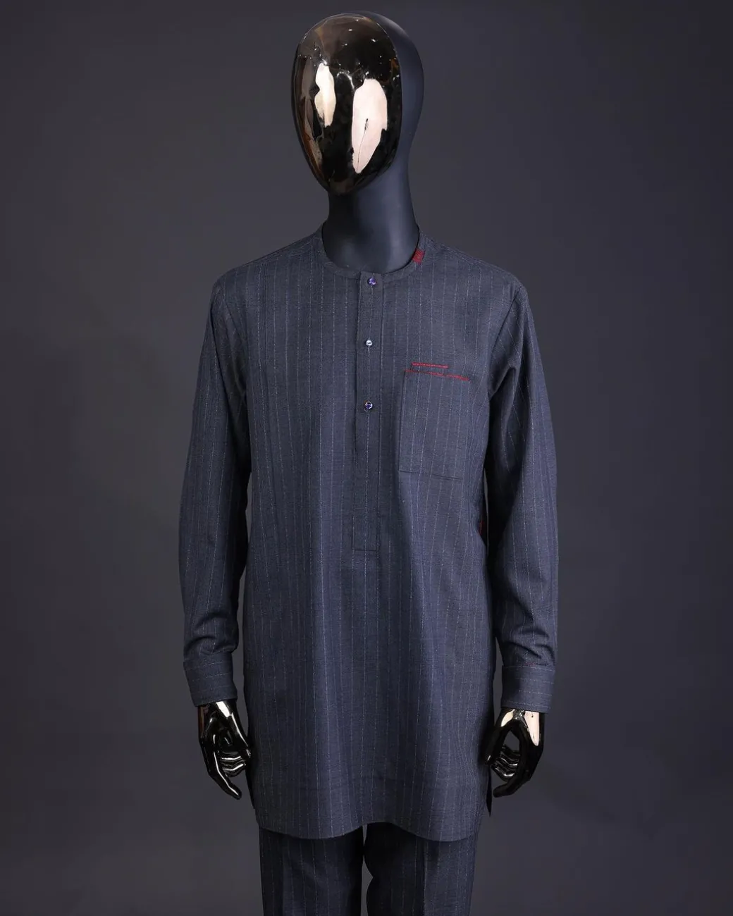 A Light grey and blue stripe Jorgecarli fabric with blue Swarovski button long-sleeve kaftan and Sokoto