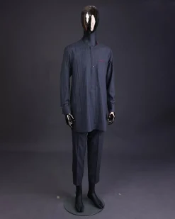 A Light grey and blue stripe Jorgecarli fabric with blue Swarovski button long-sleeve kaftan and Sokoto