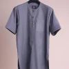 A Light grey, front flap with matching Swarovski button details, short sleeve African senator kaftan native.