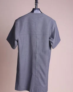 A Light grey, front flap with matching Swarovski button details, short sleeve African senator kaftan native.