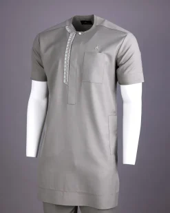 A Light grey, front flap with silver studded Swarovski buttons, left drop Arewa embroidery, short sleeve African senator kaftan native