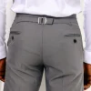 A light grey, Gurkha pant with back and side metal adjuster.