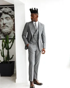 A Light Grey, Ivory Pencil Stripe, Jorgecarli, Knitted, Peak Lapel Suit