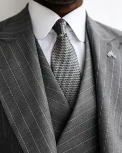 A Light Grey, Ivory Pencil Stripe, Jorgecarli, Knitted, Peak Lapel Suit