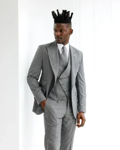A Light Grey, Ivory Pencil Stripe, Jorgecarli, Knitted, Peak Lapel Suit