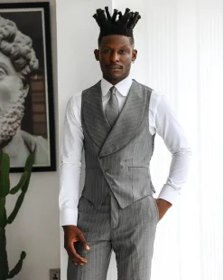 A Light Grey, Ivory Pencil Stripe, Jorgecarli, Knitted, Peak Lapel Suit