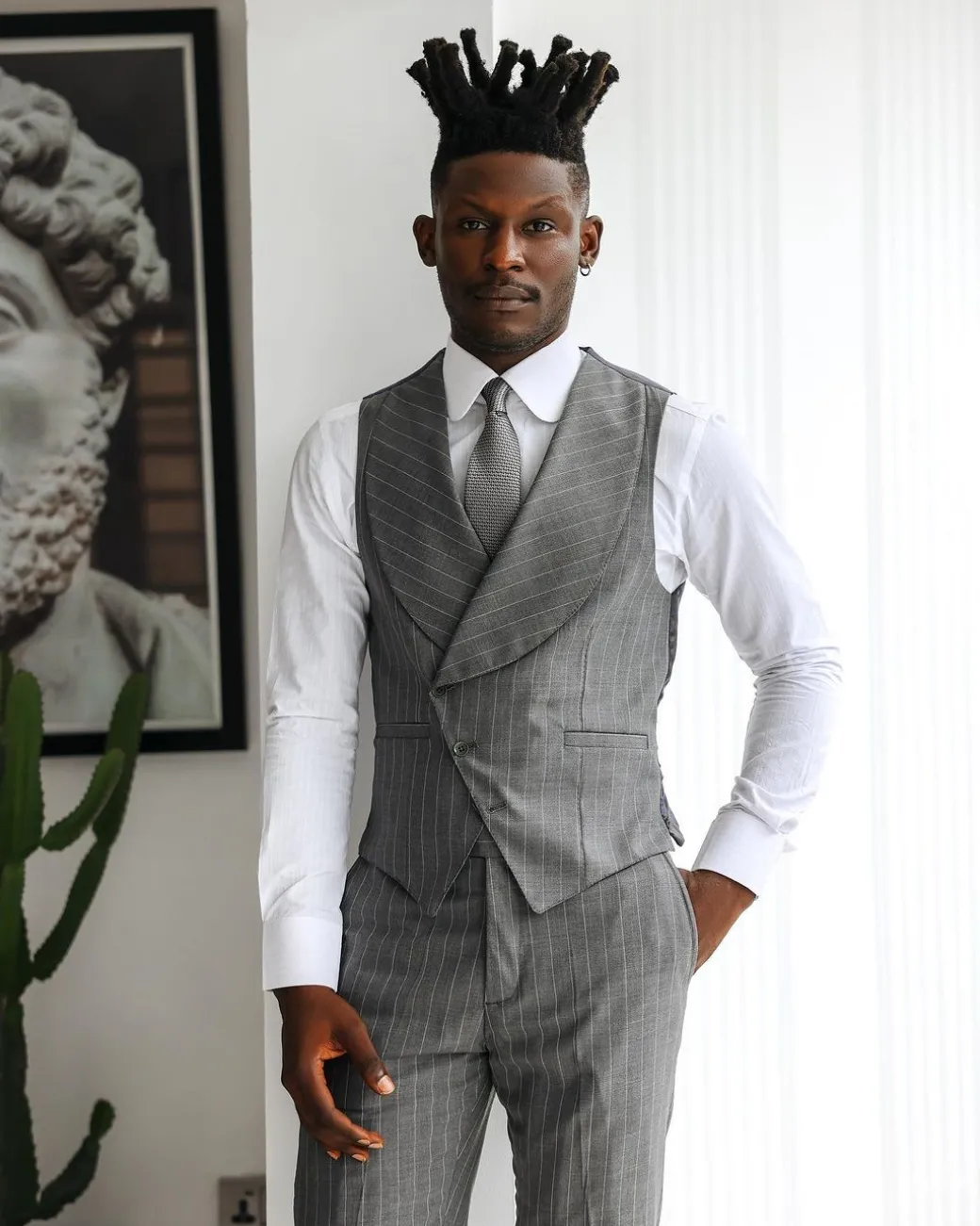 A Light Grey, Ivory Pencil Stripe, Jorgecarli, Knitted, Peak Lapel Suit