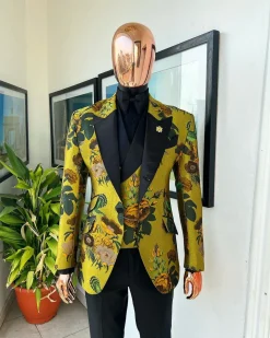 A Light Olive Green, Emerald, Orange, Black Mix Metallic Jacquard, Peak Lapel Tuxedo Suit