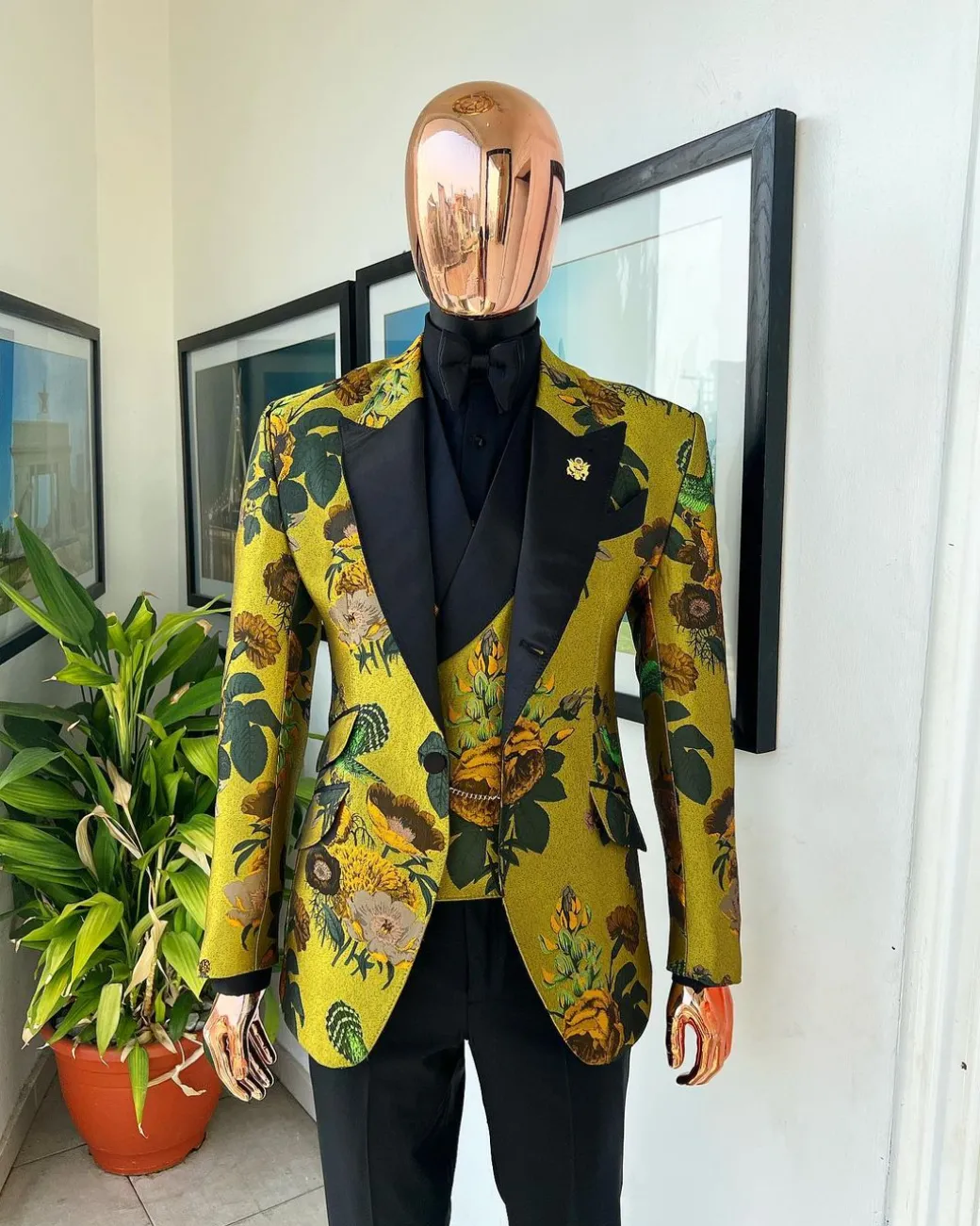 A Light Olive Green, Emerald, Orange, Black Mix Metallic Jacquard, Peak Lapel Tuxedo Suit